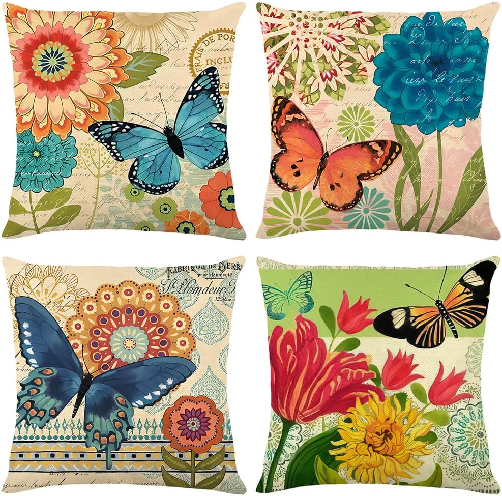 wyooxoo Throw Pillow Covers 18x18 Set of 4 Decorative Spring Pillow Covers Linen Flower Butterfly Farmhouse Pillowcases for Sofa Couch Living Room Outdoor