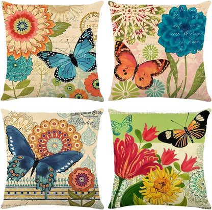 wyooxoo Throw Pillow Covers 18x18 Set of 4 Decorative Spring Pillow Covers Linen Flower Butterfly Farmhouse Pillowcases for Sofa Couch Living Room Outdoor