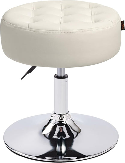 Mid-Century Tufted Adjustable Swivel Makeup Ottoman Stool; Modern Big Size Round Vanity Stool Chair for Bedroom Living Room (White)