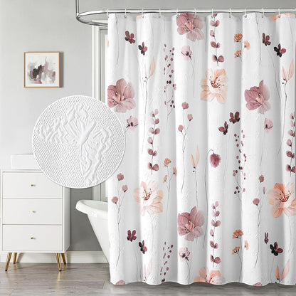 Watercolor Floral Shower Curtain, 3D Embossed Butterflies Grey Beige Flower Bathroom Curtains, Minimalist White Cloth Bath Curtain, Waterproof Fabric Textured Shower Curtain Set with Hooks, 72x72
