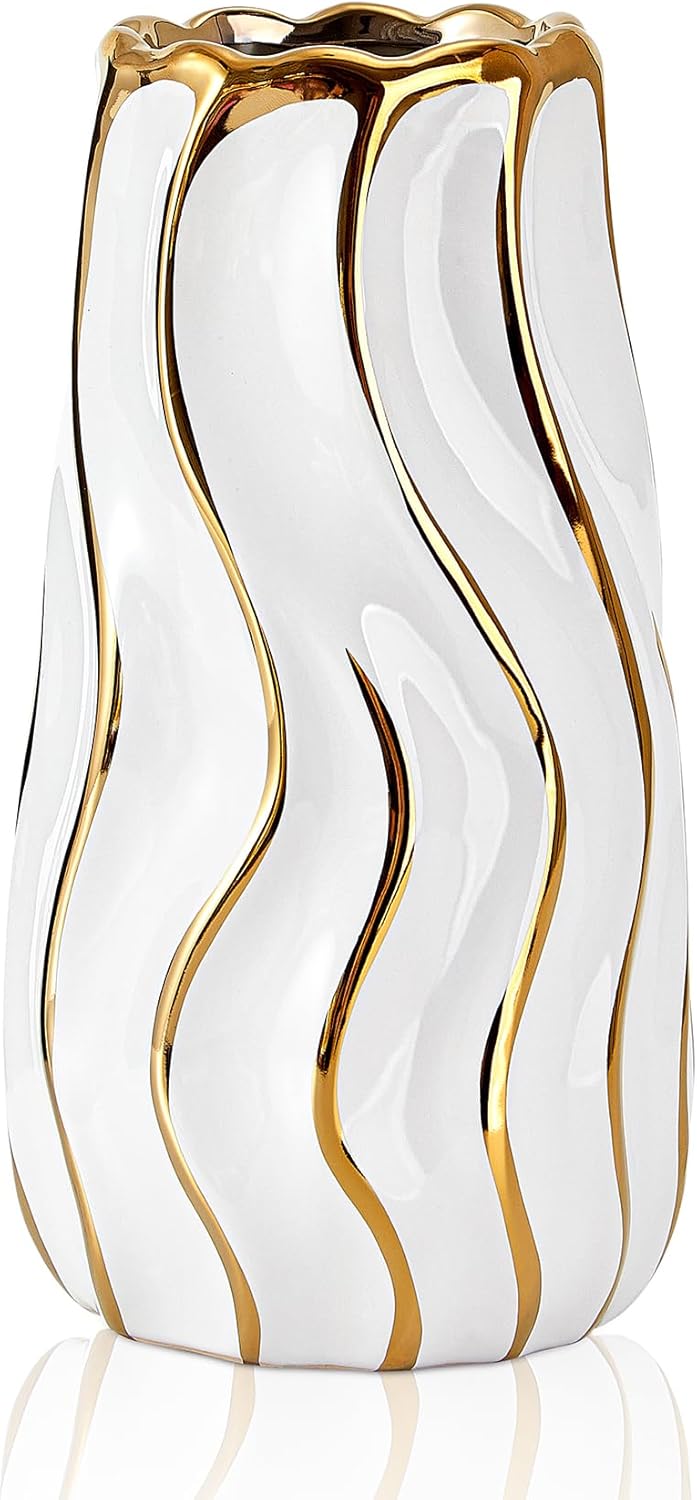White Ceramic Vase for Home Decor,Decorative Flower Vase, Vertical Stripe Ceramic Vases for Home Décor, Bedroom, Office, Living Room, Bathroom, Tabletop Decor, Centerpiece (White)