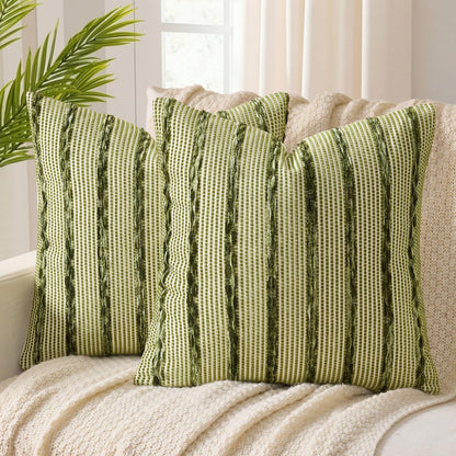 ANRODUO Pack of 2 Boho Decorative Throw Pillow Covers 18x18 Farmhouse Cushion Case Striped Chenille Pillow Cases Square Pillow Covers Accent Neutral Pillowcase for Sofa Couch Bed, Olive Green Stripe