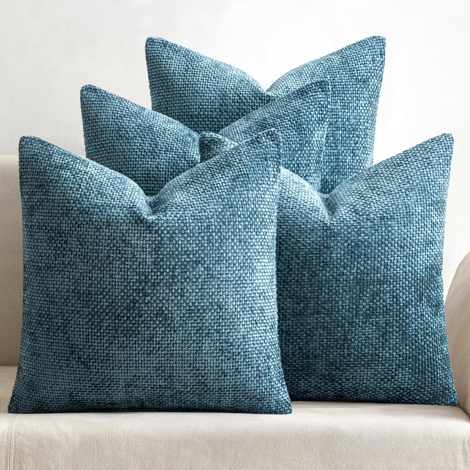 Pack of 4 Couch Throw Pillow Covers 18x18 Inch Neutral Blue Soft Decorative Chenille Pillow Covers Farmhouse Accent Cushion Covers for Boho Western Spring Coastal Decor Sofa Bed Living Room
