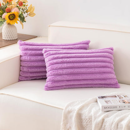 Pack of 2 Faux Fur Christmas Throw Pillow Covers 18x18 Inch, Soft Plush Striped Neutral Couch Pillow Cover, with Velvet Back Modern Home Decor for Sofa Living Room Couch Bed Cream White