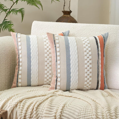Aeckself Boho Throw Pillow Covers 18x18 Inch Set of 2, Farmhouse Decorative Striped Square Pillow Covers Chenille Tufted Pillow Cases Accent Neutral Pillowcase for Living Room Couch Bed, Orange White
