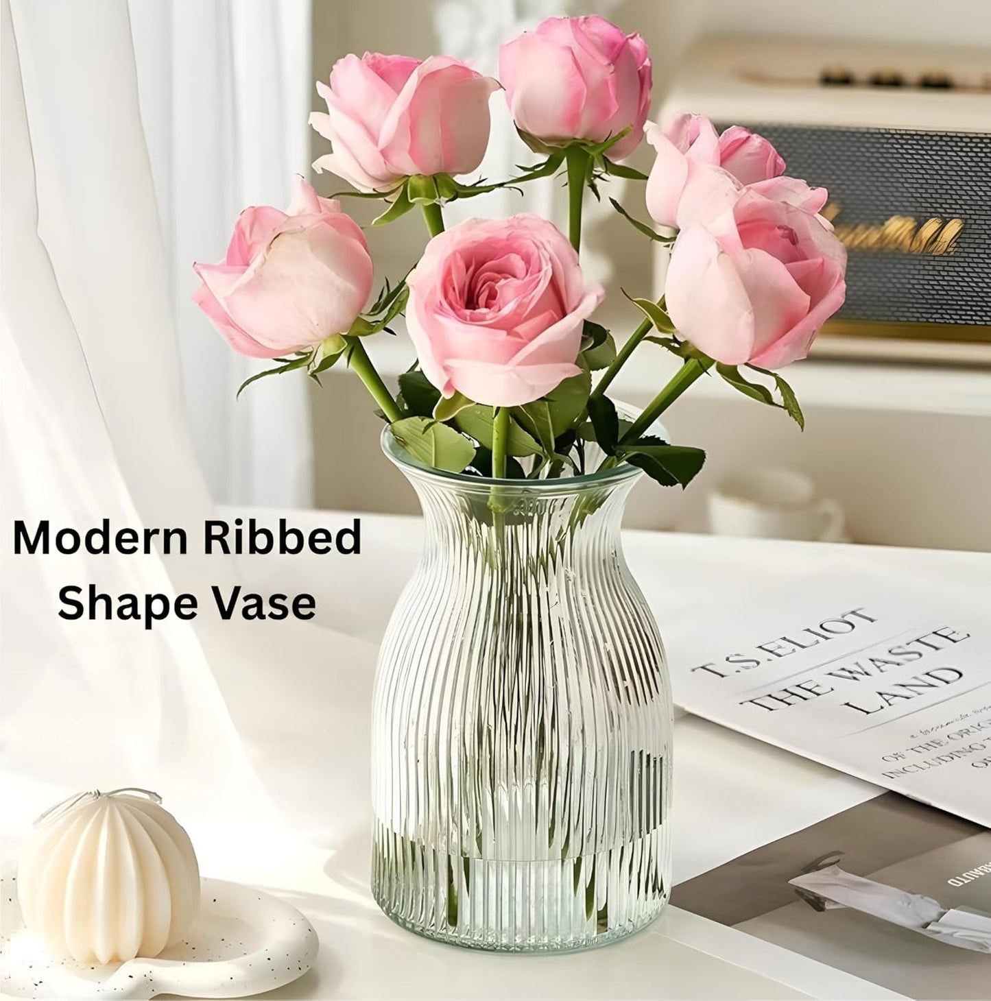 New 2026 Design Ribbed Glass Vase Wide - 8 Inch Tall Ribbed Vase for Wedding Reception, Home Decor, Housewarming Gift (Clear) Decorative Flower Vases - Bud Vase for Centerpieces Cylinder Vases