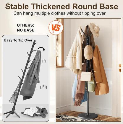 Heavy Duty Coat Rack Freestanding with Stable Wood Base Modern Coat Tree with 12 Hooks Adjustable Coats Hanger Stand Stylish Standing Clothes Tree for Entryway Bedroom Corner Hall
