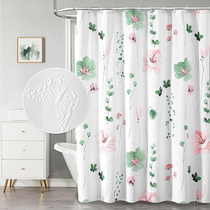 Watercolor Floral Shower Curtain, 3D Embossed Butterflies Grey Beige Flower Bathroom Curtains, Minimalist White Cloth Bath Curtain, Waterproof Fabric Textured Shower Curtain Set with Hooks, 72x72