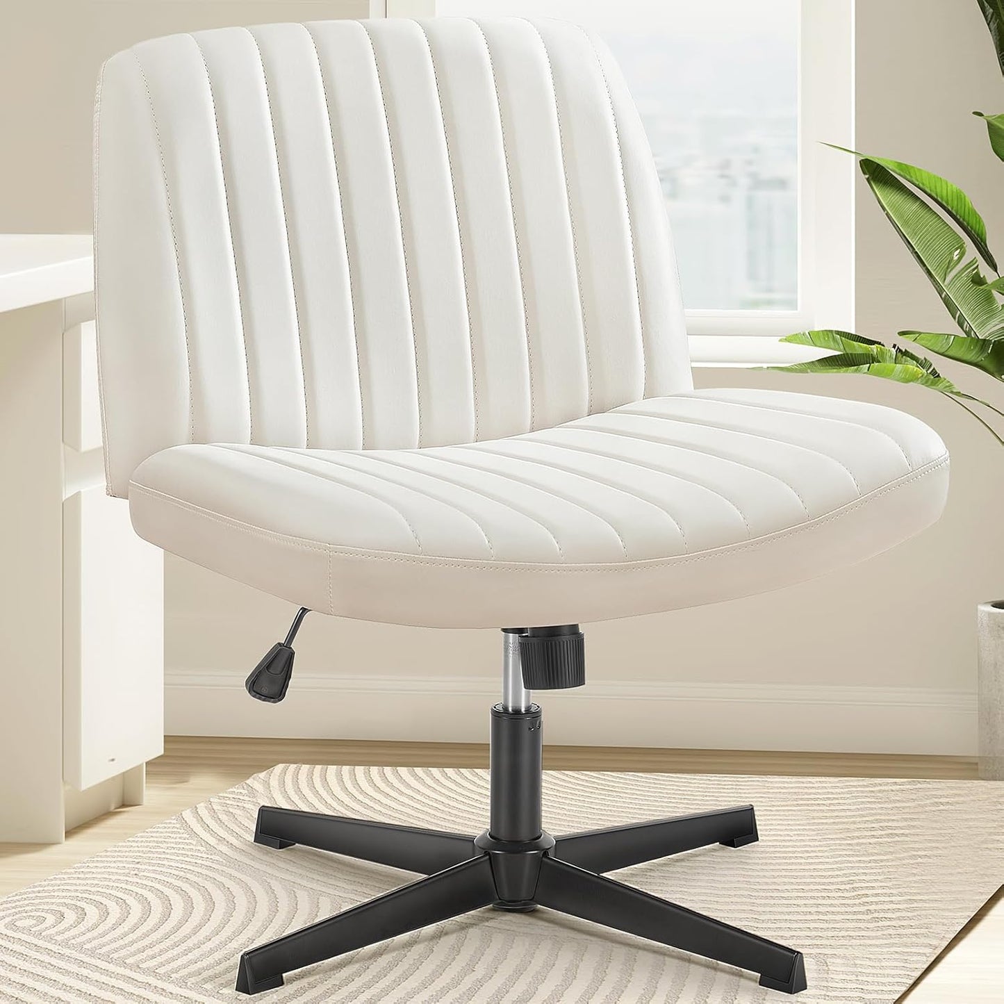 Criss Cross Chair with Wheels Wide Cross Legged Office Desk Vanity Chair Comfy Fabric Armless Adjustable Swivel for Home Computer Task Teddy Pink