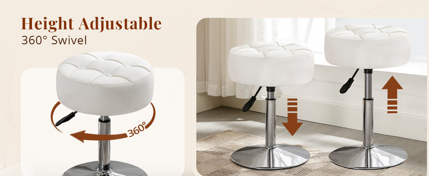 Adjustable Vanity Stool, 360 Swivel Chair for Makeup Room, White Faux Leather Stool for Bathroom & Living Room