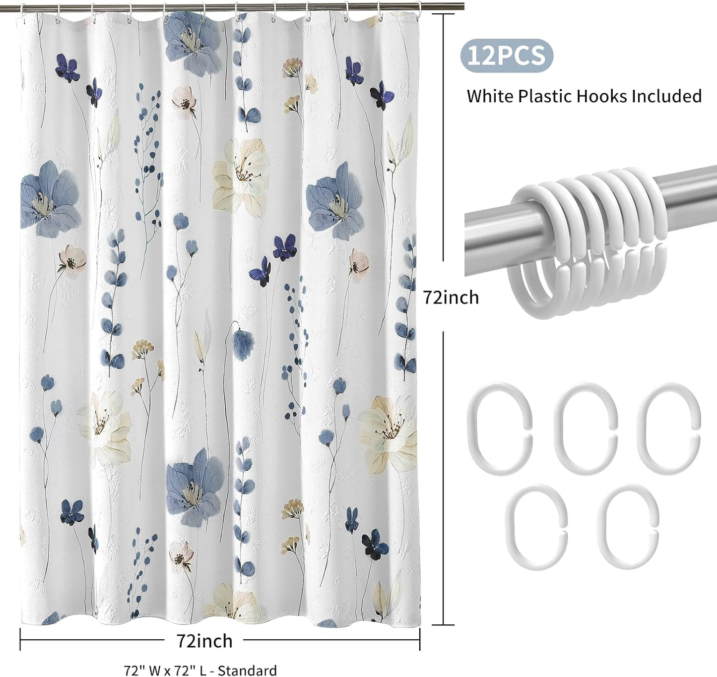 Watercolor Floral Shower Curtain, 3D Embossed Butterflies Grey Beige Flower Bathroom Curtains, Minimalist White Cloth Bath Curtain, Waterproof Fabric Textured Shower Curtain Set with Hooks, 72x72