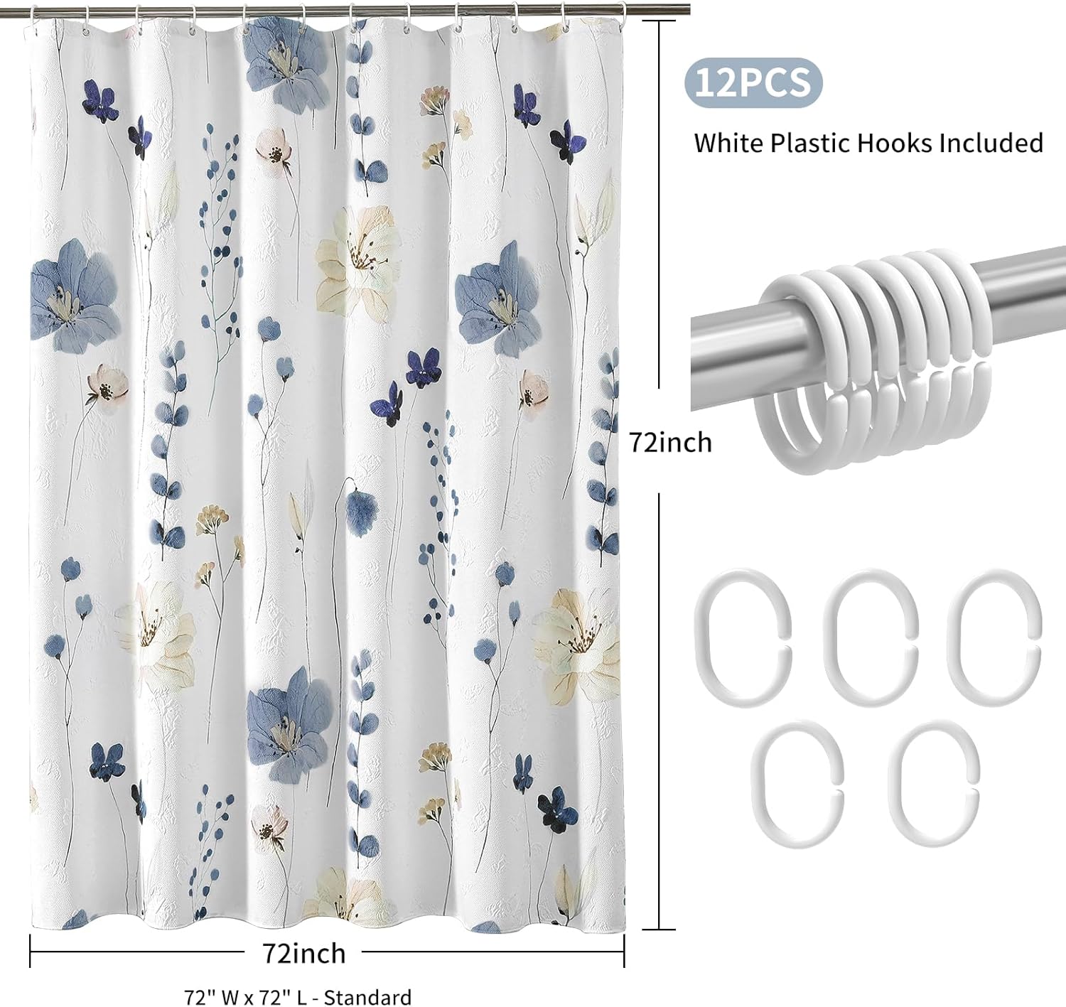 Watercolor Floral Shower Curtain, 3D Embossed Butterflies Grey Beige Flower Bathroom Curtains, Minimalist White Cloth Bath Curtain, Waterproof Fabric Textured Shower Curtain Set with Hooks, 72x72