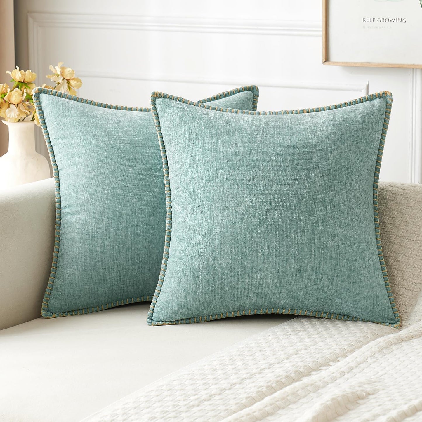 MIULEE Pack of 2 Couch Throw Pillow Covers 18x18 Inch Sage Green Farmhouse Decorative Pillow Covers with Stitched Edge Soft Chenille Solid Dyed Summer Pillow Covers for Sofa Bed Living Room