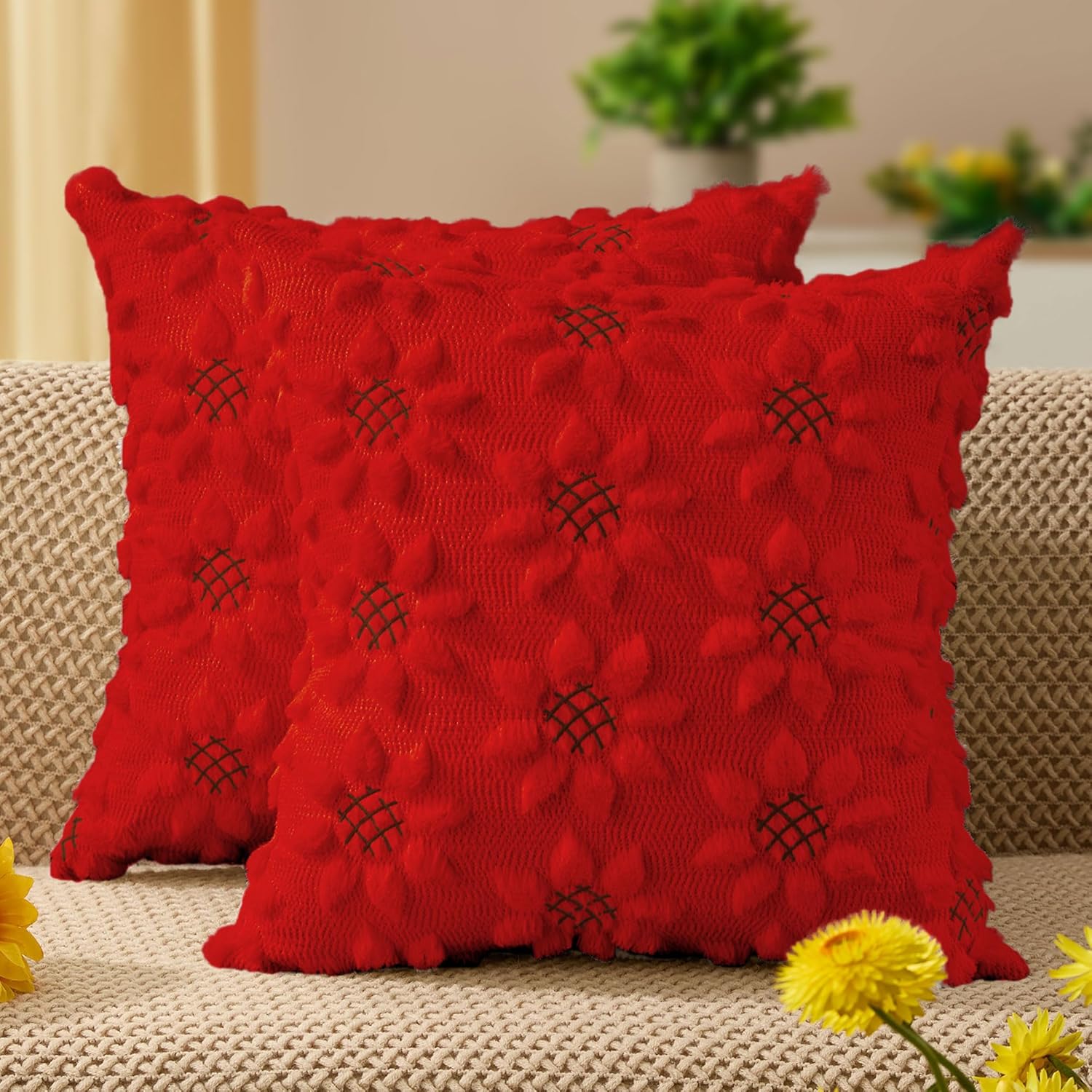 DFXSZ Spring Summer Pillow Covers 18x18 inch Set of 2 Farmhouse Decor Yellow Color Flower Heart Sunflower Soft Plush Faux Fur Jacquard Throw Pillows for Sofa Holiday Spring Home Decor PTK024C18