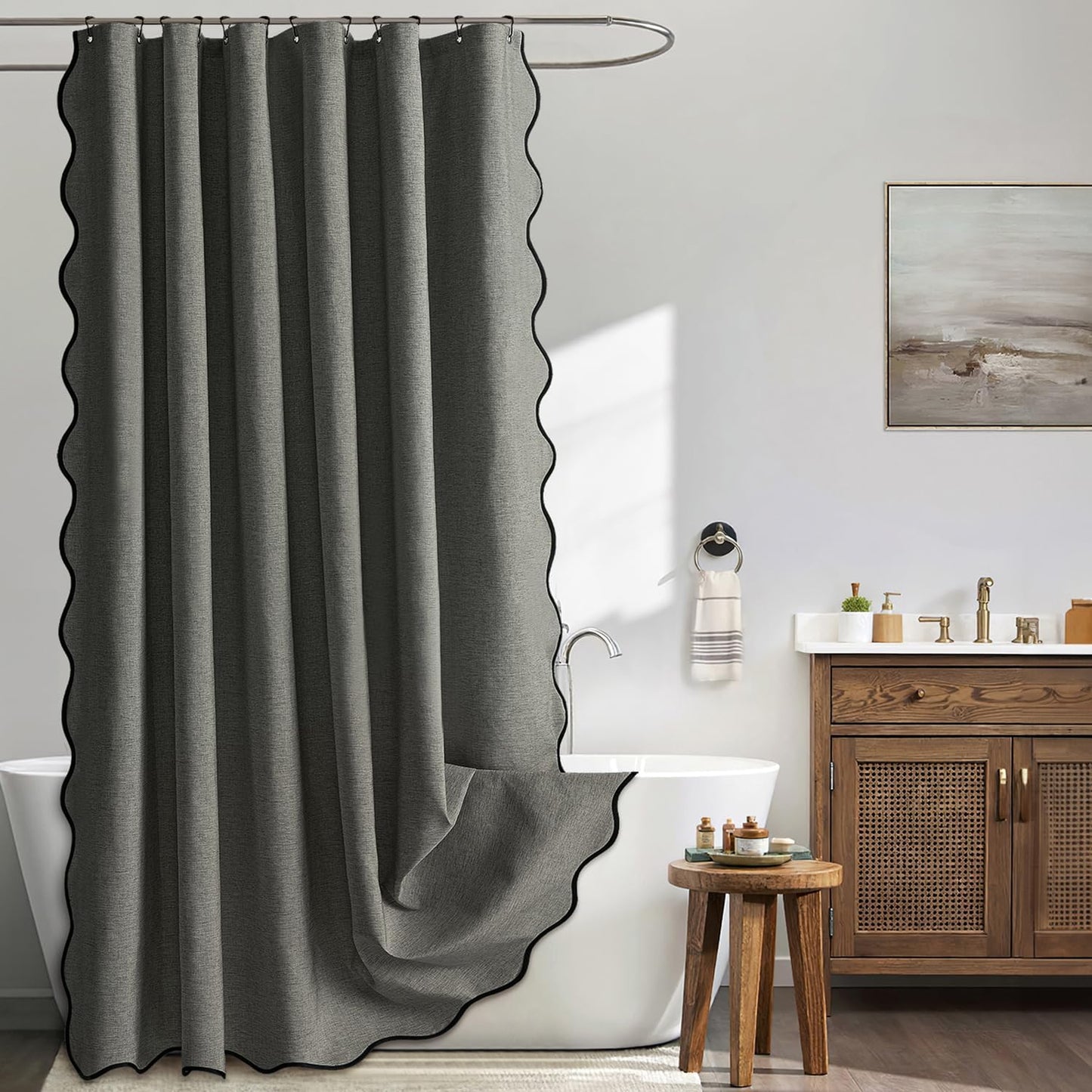 Beige Scalloped Shower Curtain Linen Textured with 12 Metal Hooks Cute Heavy Duty Washable Waterproof Neutral Thick Cloth Shower Curtains with Black Border for Bathroom Bathtub,W72*L72 Cream