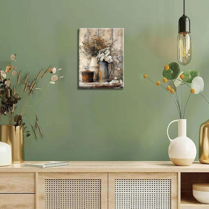 Farmhouse Rustic Daisy Canvas Wall Art Vintage Country Floral Posters Print White Jasmine Flowers and Rust Color Watering Can Wall Decor Picture for Living Room Bedroom Bathroom Decoration