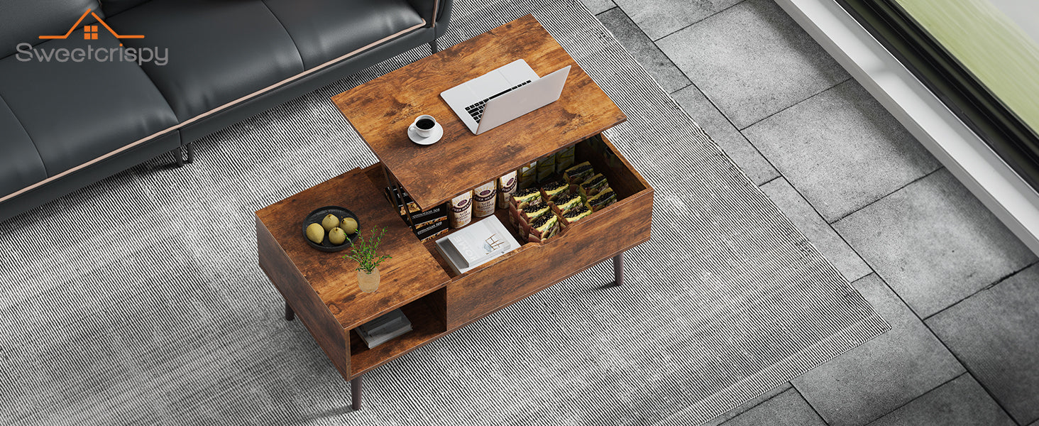 Sweetcrispy Lift Top Coffee Tables for Living Room, Small Rising Wooden Center Tables with Storage Shelf and Hidden Compartment, Brown | Lift Top, Coffee Tables, for Living Room, Rising, Dining Center Tables, with Storage Shelf