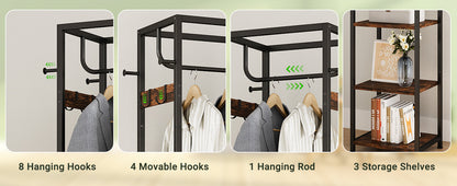 Coat Rack Freestanding, Hall Tree with 3 Storage Shelves and 12 Hooks, Industrial Clothes Rack Stand Organizer for Bedroom, Hallway, Entryway, Office, Living Room, Rustic Brown