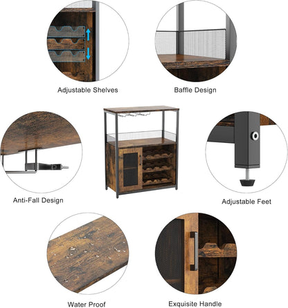 3-Tier Wine Bar Cabinet with Detachable Wine Rack and Storage Space, Buffet Cabinet with Glass Holder and Mesh Door, for Kitchen, Living Room and Bar .Rustic Brown.