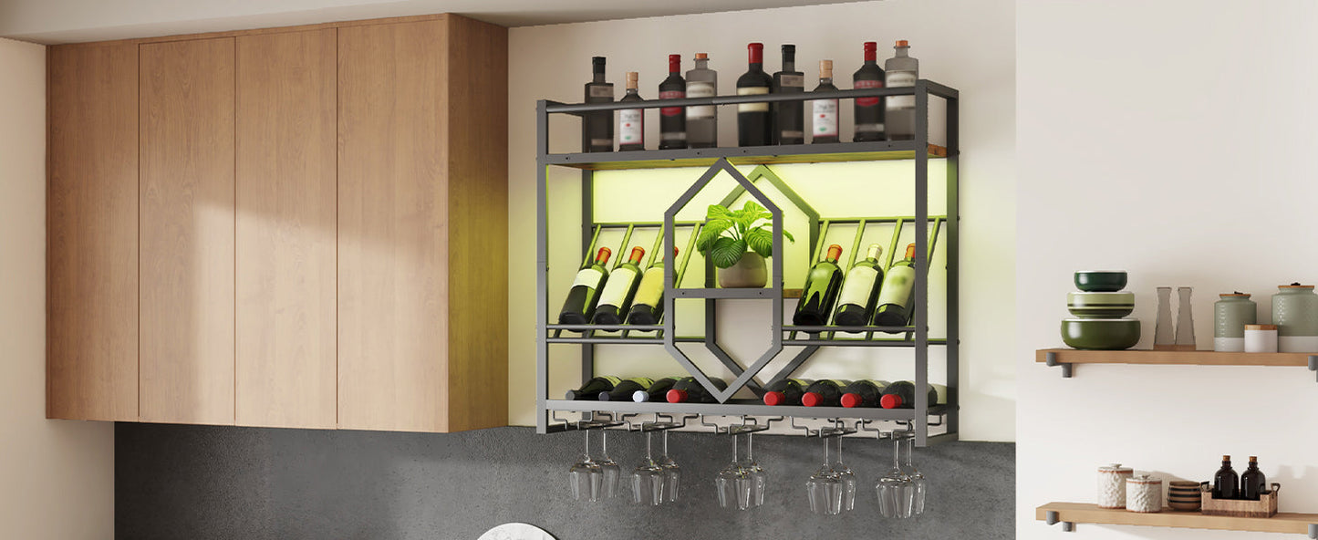 HOOBRO Wall Mounted Wine Rack with LED Light, 31.5" Wine Shelf, 3 Tier Wine Bottle Display Shelf with Glass Holder, Hanging Bar Liquor Storage Rack, for Kitchen, Bar, Rustic Brown and Black BF73DBJ01