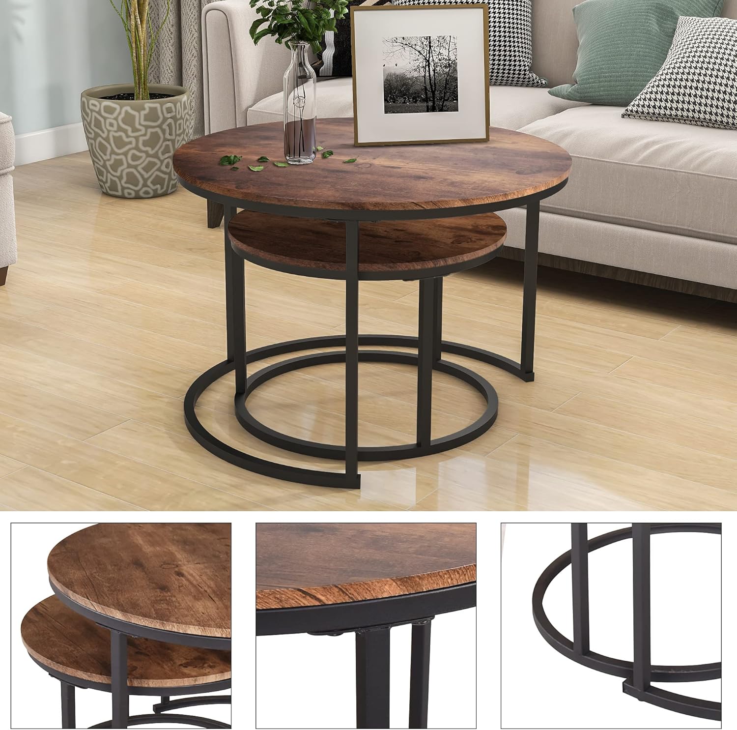 HOJINLINERO Round Coffee Table,Nesting Coffee Table Set of 2,Center Tables for Living Room,Office, Home Small Space,Stacking Side Tables,Sturdy and Easy Assembly,Wood Desktop,Brown,Large