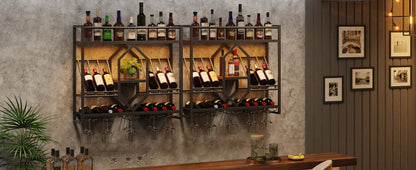 HOOBRO Wall Mounted Wine Rack with LED Light, 31.5" Wine Shelf, 3 Tier Wine Bottle Display Shelf with Glass Holder, Hanging Bar Liquor Storage Rack, for Kitchen, Bar, Rustic Brown and Black BF73DBJ01
