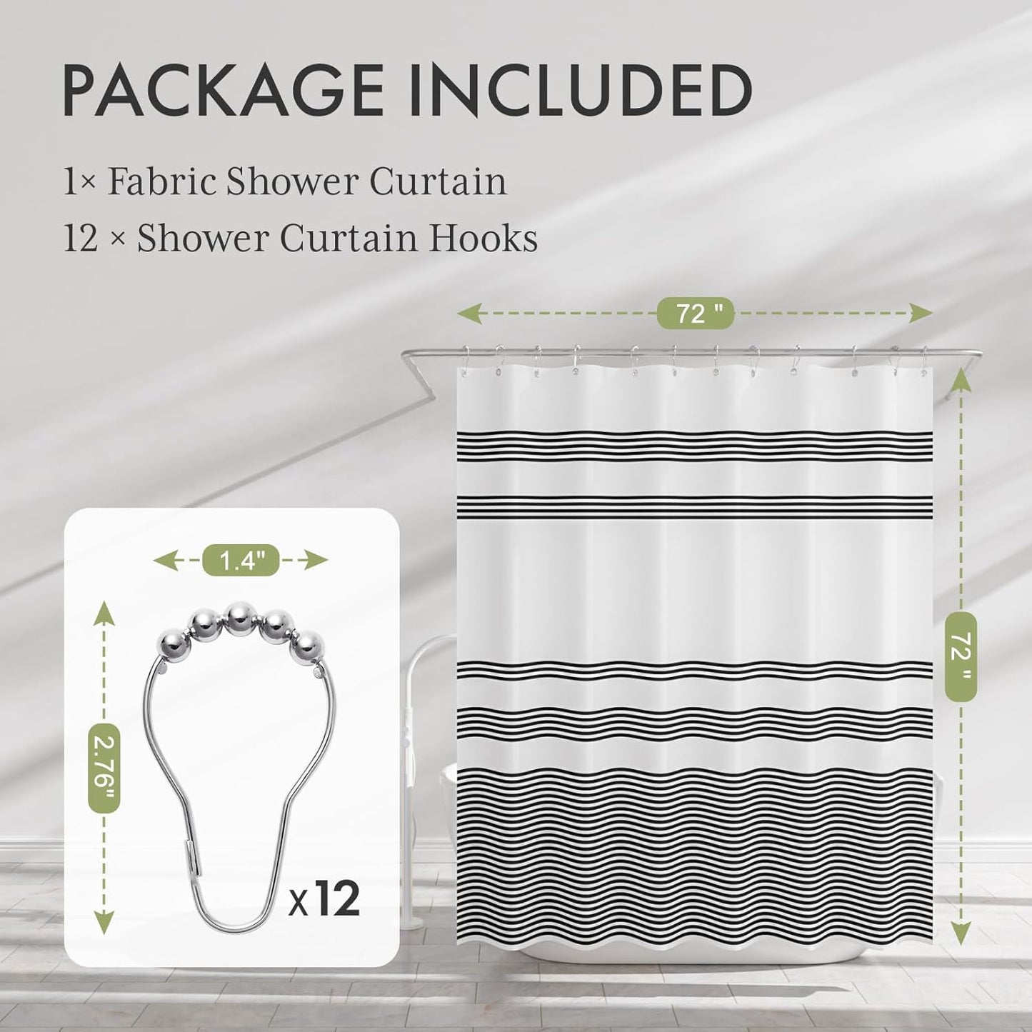 Shower Curtain, Washable Cloth Black Shower Curtain Sets with 12 Shower Curtain Hooks, Fabric Rustic Black and White Striped Curtain, Farmhouse Bathroom Curtains, 72x72 Inches