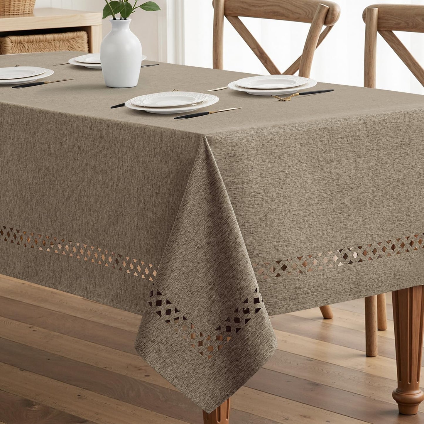 Beige Rectangle Linen Polyester Tablecloth with Decorative Cutouts Spring Waterproof Stain Resistant & Shrink-Proof Table Cloth 52x70 inch Farmhouse Style for Dining Wedding and Outdoor