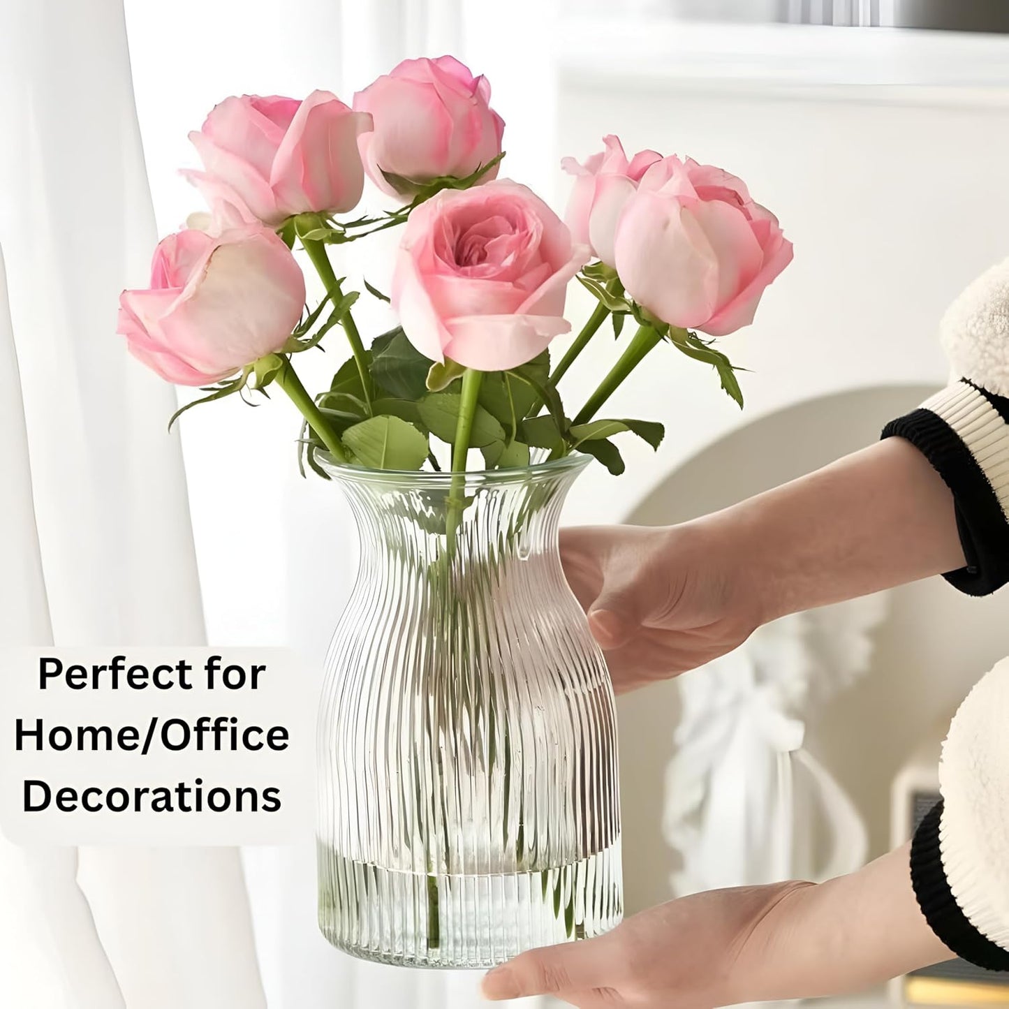 New 2026 Design Ribbed Glass Vase Wide - 8 Inch Tall Ribbed Vase for Wedding Reception, Home Decor, Housewarming Gift (Clear) Decorative Flower Vases - Bud Vase for Centerpieces Cylinder Vases