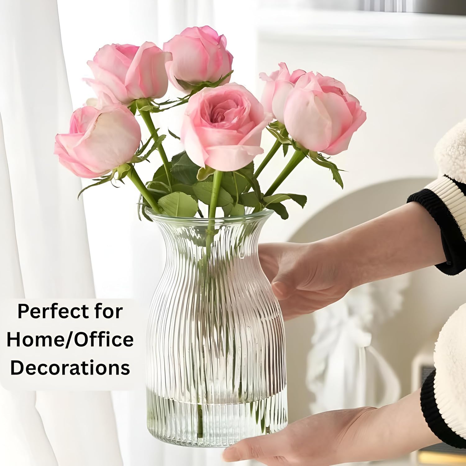 New 2026 Design Ribbed Glass Vase Wide - 8 Inch Tall Ribbed Vase for Wedding Reception, Home Decor, Housewarming Gift (Clear) Decorative Flower Vases - Bud Vase for Centerpieces Cylinder Vases