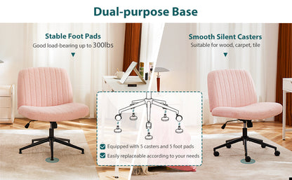 Criss Cross Chair with Wheels Wide Cross Legged Office Desk Vanity Chair Comfy Fabric Armless Adjustable Swivel for Home Computer Task Teddy Pink