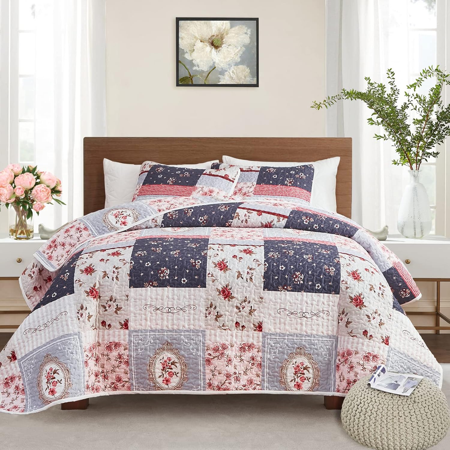 Quilt Set Full/Queen Size, 3 Pieces Green Floral Plaid Summer Bedspread Coverlet Set, Soft Microfiber Reversible Lightweight Bed Cover for All Season (90" x 90", 1 Quilt+ 2 Pillow Shams)