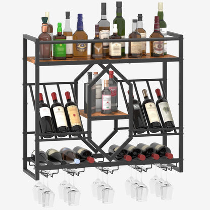 HOOBRO Wall Mounted Wine Rack with LED Light, 31.5" Wine Shelf, 3 Tier Wine Bottle Display Shelf with Glass Holder, Hanging Bar Liquor Storage Rack, for Kitchen, Bar, Rustic Brown and Black BF73DBJ01