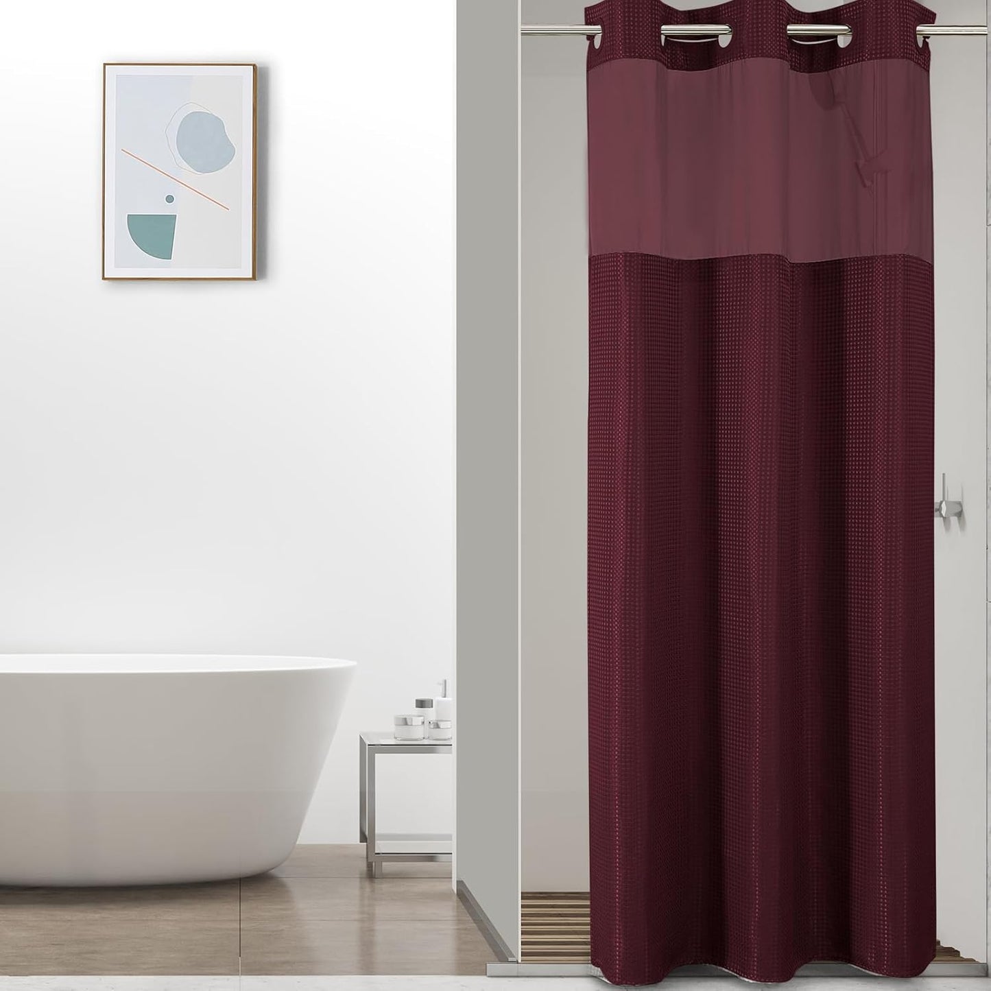 No Hook Waffle Shower Curtain with Snap in Fabric, Waterproof Shower Curtains with See Through Top Window, Hotel Luxury Heavy Duty Bathroom Curtain and Liner Set, 72'' x 75'', Black