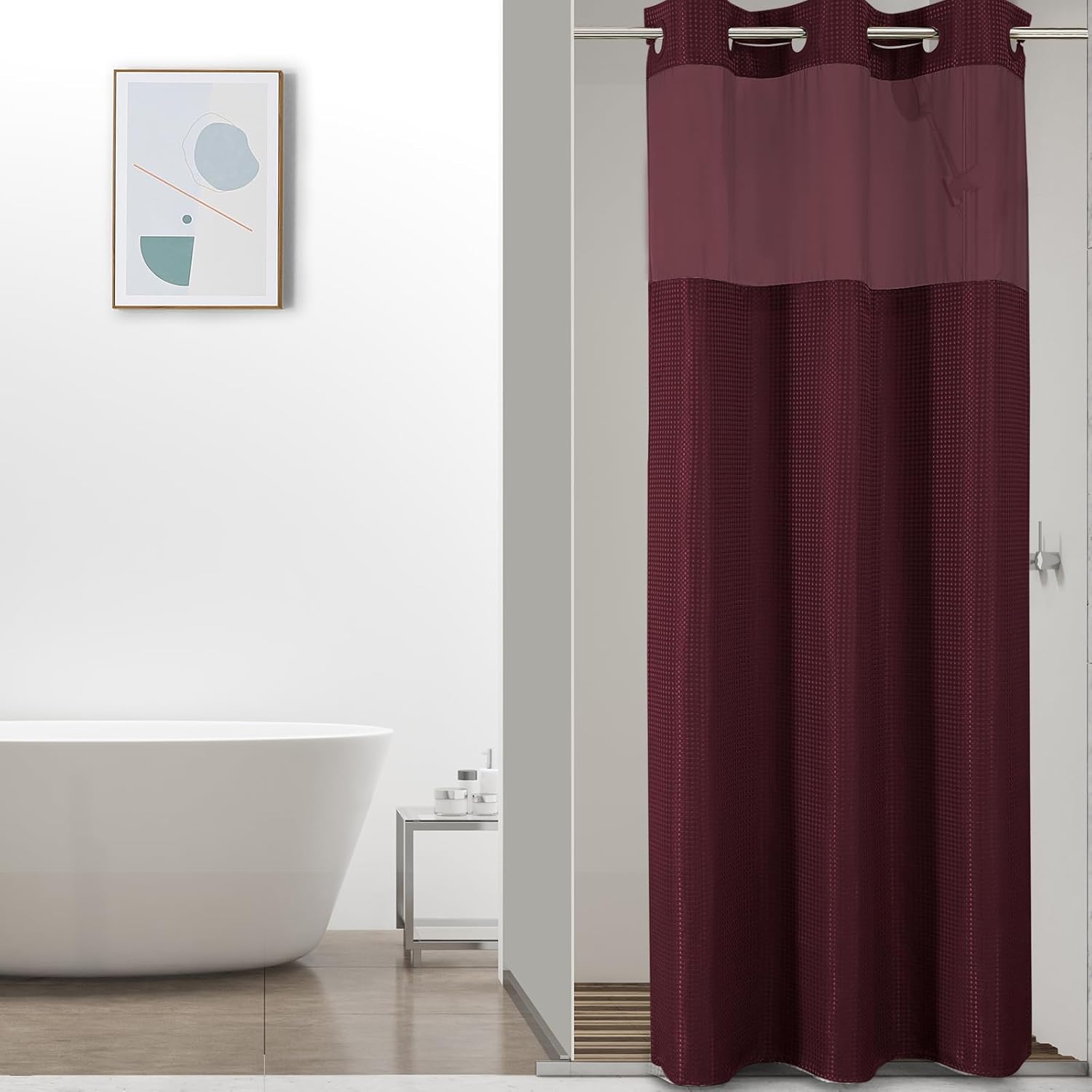 No Hook Waffle Shower Curtain with Snap in Fabric, Waterproof Shower Curtains with See Through Top Window, Hotel Luxury Heavy Duty Bathroom Curtain and Liner Set, 72'' x 75'', Black