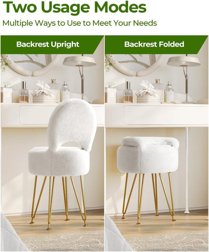 Small Vanity Stool Chair with Storage and Folding Back, 13" x 13" x 17.7" Faux Fur Soft Ottoman for Teenager, 4 Metal Legs with Anti-Slip Feet, Furry Padded Seat for Makeup, Bedroom, White