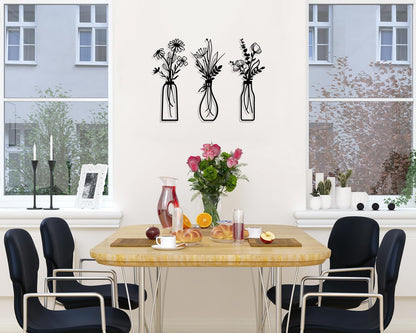 3 Pieces Metal Flowers Wall Arts - Rustic Farmhouse Decor Black Minimalist Flower Wall Decors for Living room Bathroom Bedroom Dining Room - Housewarming Gifts(Black, Vase-C)