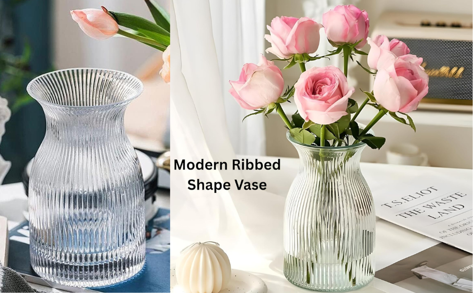 New 2026 Design Ribbed Glass Vase Wide - 8 Inch Tall Ribbed Vase for Wedding Reception, Home Decor, Housewarming Gift (Clear) Decorative Flower Vases - Bud Vase for Centerpieces Cylinder Vases