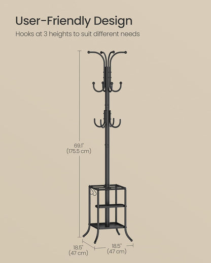 Coat Rack Freestanding with Umbrella Holder, Metal Coat Rack Stand with 12 Hooks, for Entryway, Hallway, Living Room, Bedroom, Ink Black URCR082BH02S