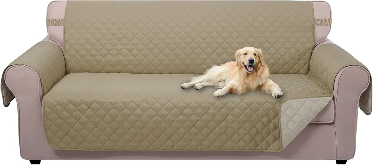 Reversible Sofa Cover Washable Couch Cover for Dogs Friendly with Elastic Straps Water Repellent Furniture Protector for 3 Cushion Couch (Sofa, Coffee/Beige)