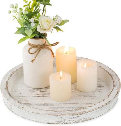 Candle Plate Holder Tray: Round Wood Decorative Candle Plate - Rustic Farmhouse CoffeeTable Decor - Tealight Pillar Trays for Home Decor (Distressed)