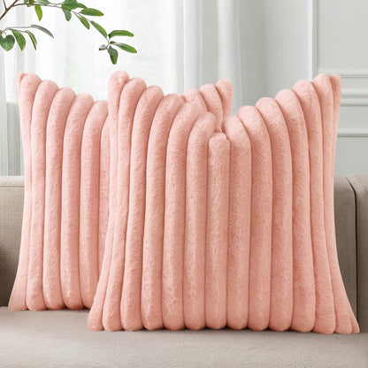 Pallene Faux Fur Plush Throw Pillow Covers 18x18 Set of 2, Luxury Soft Fluffy Striped Decorative Pillow Covers for Sofa, Couch, Living Room, Cream White