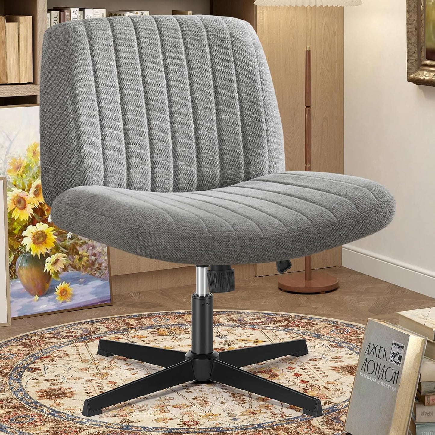 Criss Cross Chair with Wheels Wide Cross Legged Office Desk Vanity Chair Comfy Fabric Armless Adjustable Swivel for Home Computer Task Teddy Pink