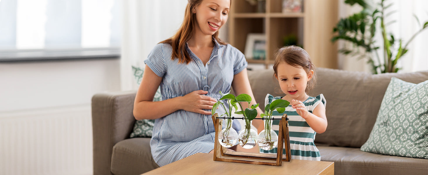 Plant Terrarium with Wooden Stand, Air Planter Bulb Glass Vase Metal Swivel Holder Retro Tabletop for Hydroponics Home Garden Office Decoration - 3 Bulb Vase