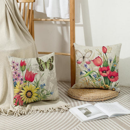 wyooxoo Throw Pillow Covers 18x18 Set of 4 Decorative Spring Pillow Covers Linen Flower Butterfly Farmhouse Pillowcases for Sofa Couch Living Room Outdoor