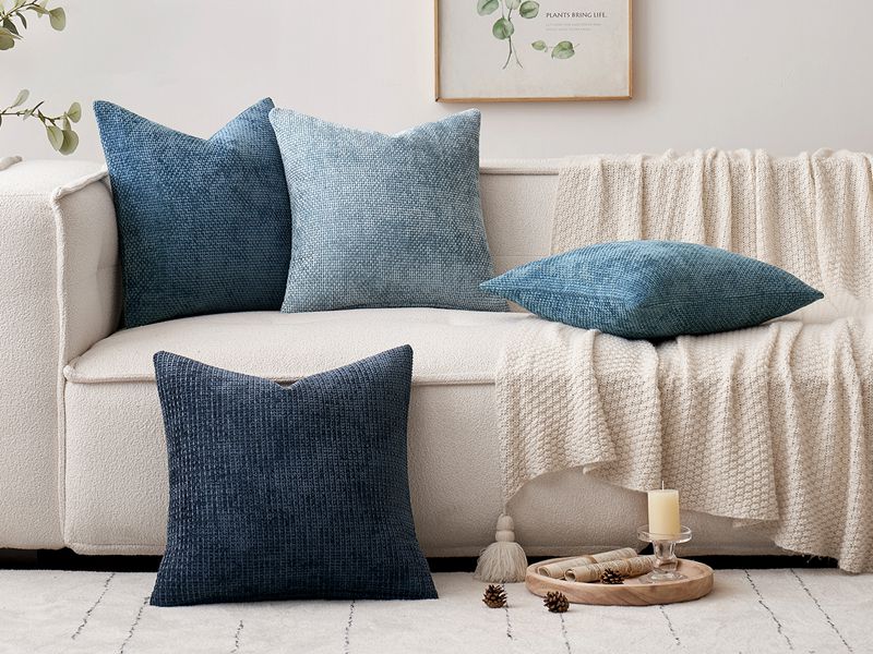 Pack of 4 Couch Throw Pillow Covers 18x18 Inch Neutral Blue Soft Decorative Chenille Pillow Covers Farmhouse Accent Cushion Covers for Boho Western Spring Coastal Decor Sofa Bed Living Room