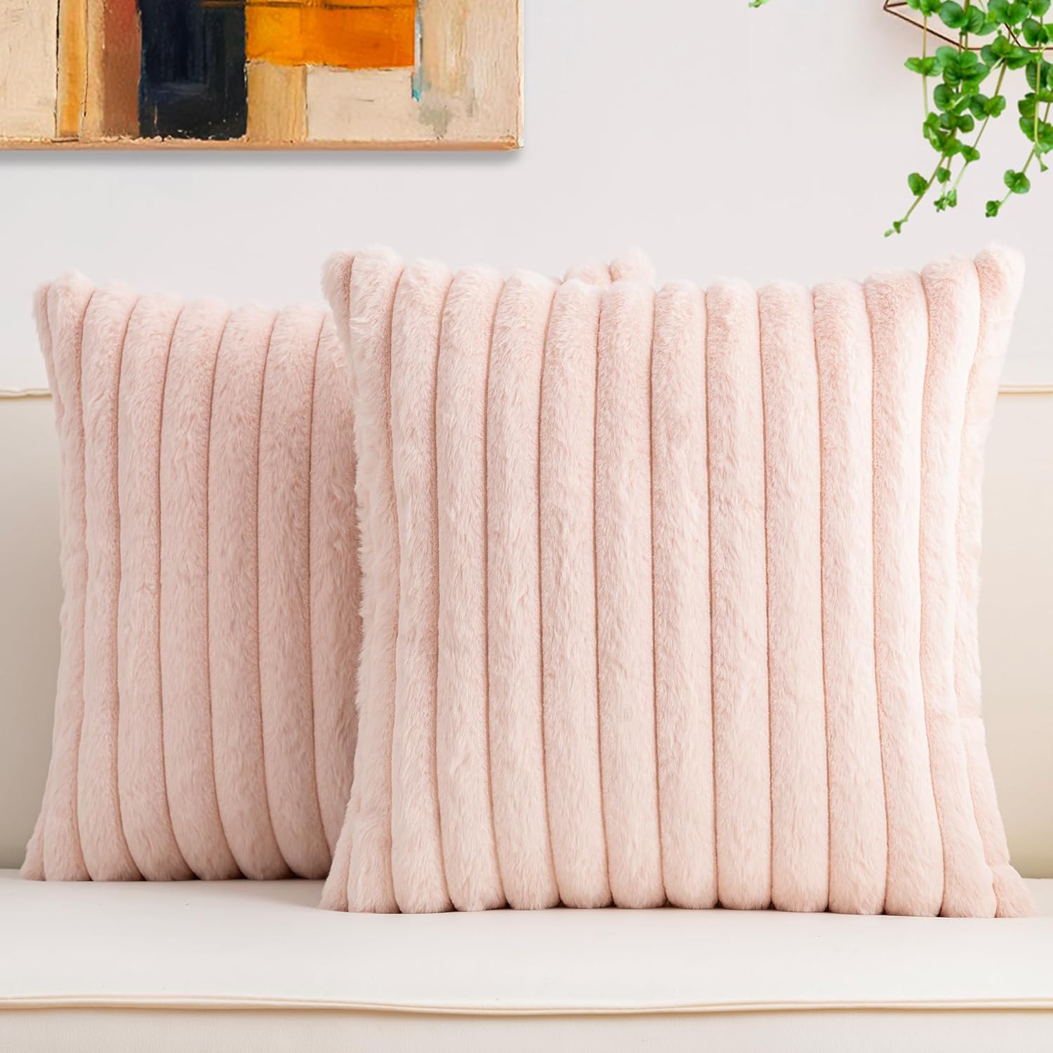 Pack of 2 Faux Fur Christmas Throw Pillow Covers 18x18 Inch, Soft Plush Striped Neutral Couch Pillow Cover, with Velvet Back Modern Home Decor for Sofa Living Room Couch Bed Cream White