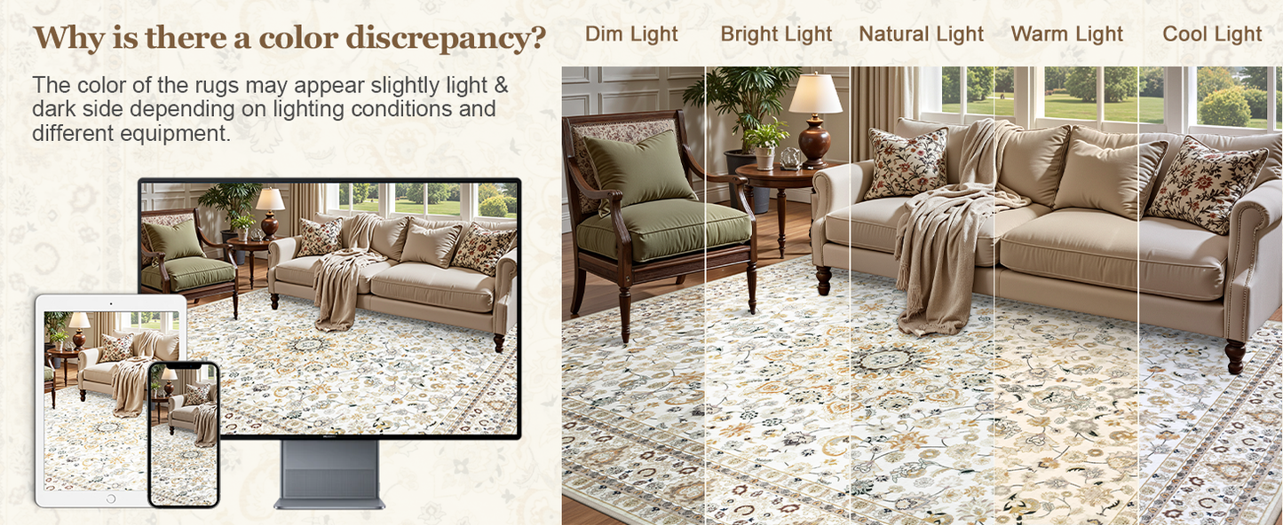 5x7 Area Rugs Living Room Rug: Washable Vintage Boho Rug No Slip Stain Resistant Soft Carpet Indoor Floor Floral Large Carpets for Bedroom Dining Room Farmhouse Nursery Hallway Home Office Beige