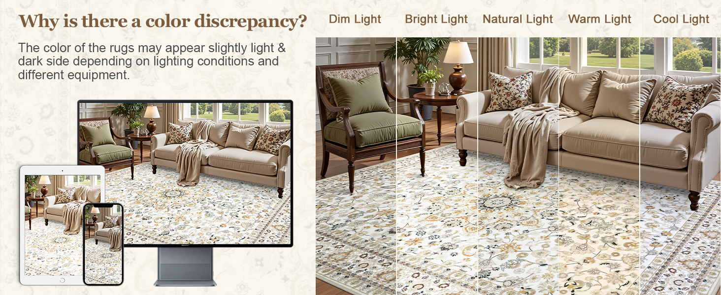 5x7 Area Rugs Living Room Rug: Washable Vintage Boho Rug No Slip Stain Resistant Soft Carpet Indoor Floor Floral Large Carpets for Bedroom Dining Room Farmhouse Nursery Hallway Home Office Beige