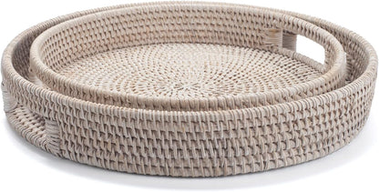 13.8 inch Round Rattan Tray, Decorative Coffee Table Tray, Ottoman Tray, Woven Serving Tray with Handles, Wicker Serving Basket, Whitewash